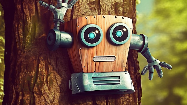 Photo un robot sur un arbre avec un visage dessus