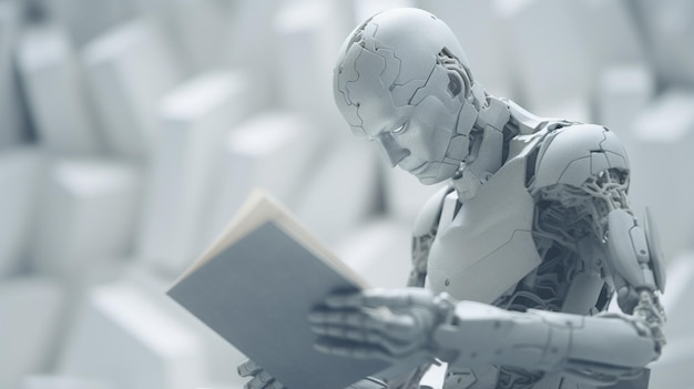 un robot arrafé lisant un livre dans une pièce blanche