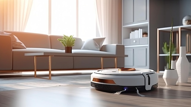 Un robot aspirateur dans un salon.