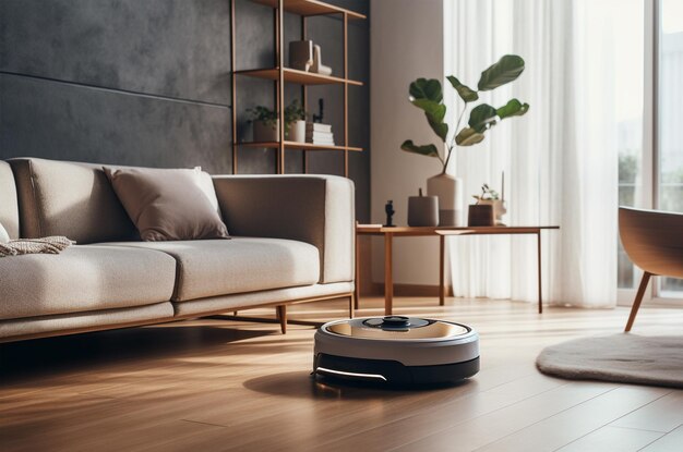 Robot aspirateur à l'intérieur de la maison Le robot nettoie l'appartement Generative Ai