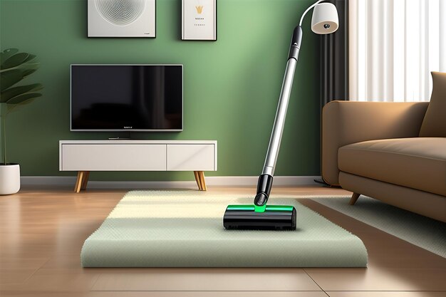 Robot aspirateur moderne blanc travaillant à l'aspiration et au nettoyage du parquet en bois dans le salon