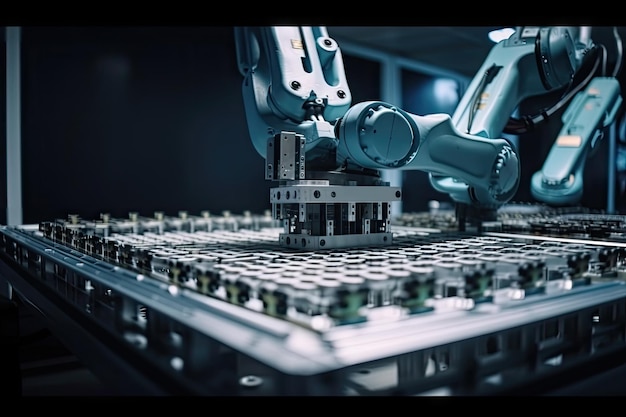 Robot assemblant une structure complexe sur une chaîne de montage futuriste