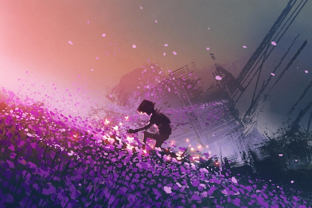 le robot assis sur un champ violet jouant avec des papillons lumineux, style art numérique, peinture d'illustration