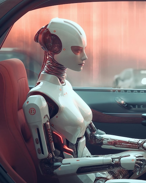 Un robot assis dans une voiture avec un fond rouge.