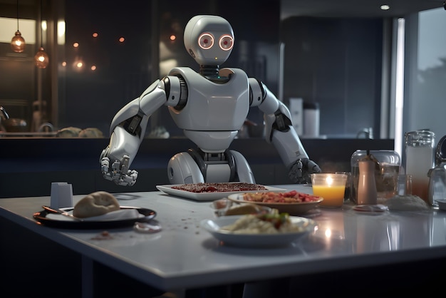 Robot d'assistance domestique cuisinant des aliments à la cuisine Intelligence artificielle et concept futuriste IA générée