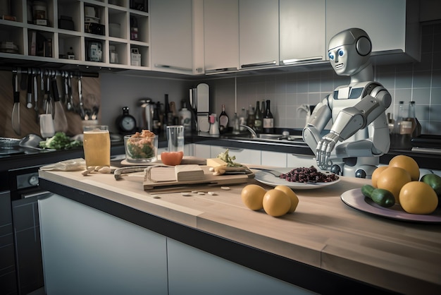 Robot d'assistance domestique cuisinant des aliments dans la cuisine à la maison Intelligence artificielle aidant les gens à faire le ménage IA générée