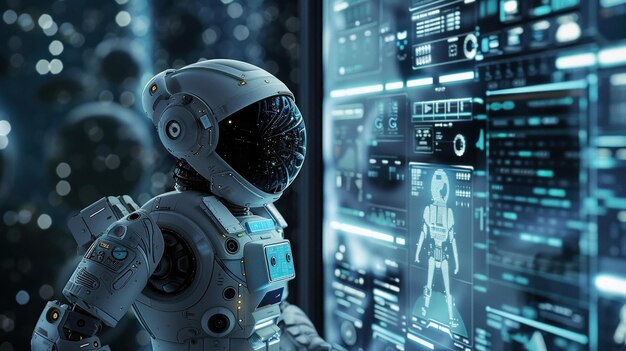 Un robot astronaute futuriste se tient devant une interface numérique complexe