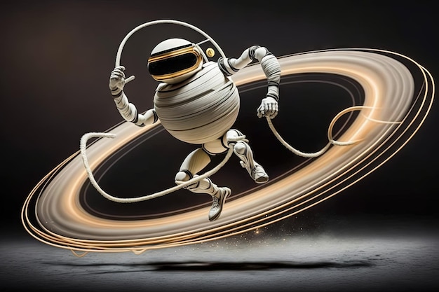 Robot astronaute sautant saturne anneaux corde illustration générative ai