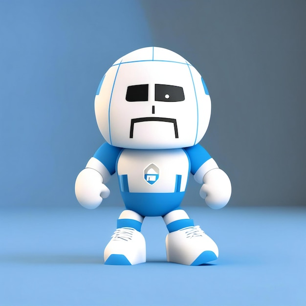 un robot au visage triste est assis sur une surface bleue.