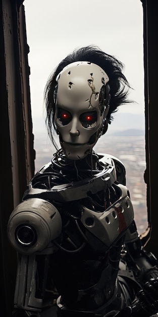 un robot aux yeux rouges et à la tête noire qui dit " le robot "