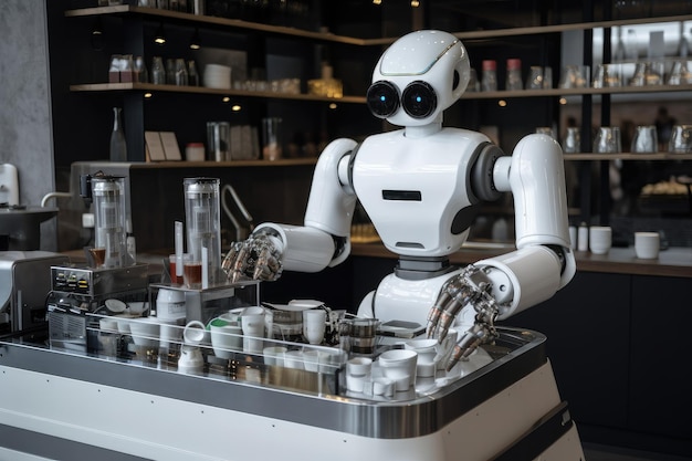 Robot barista servant des lattes et des cappuccinos aux clients créés avec l'IA générative