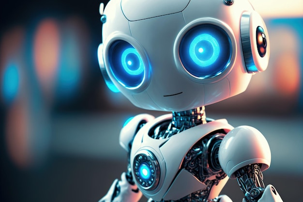 Robot blanc humanoïde partiellement flou aux yeux bleus brillants