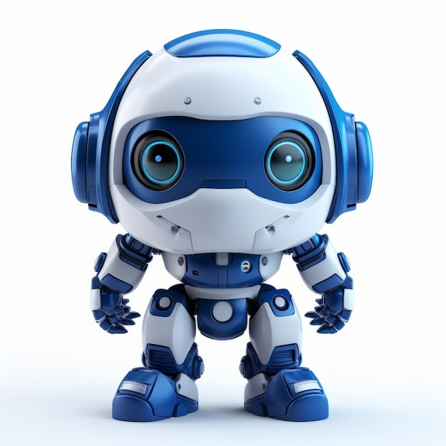 Robot bleu et blanc avec des écouteurs, des yeux brillants, des proportions de jouet.