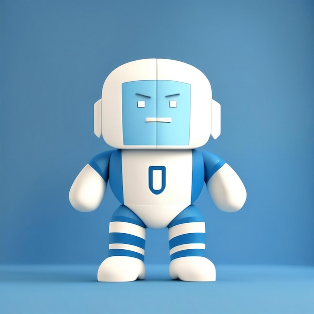 un robot bleu et blanc avec un o sur sa chemise.