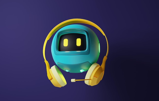 Robot bleu avec des écouteurs jaune vif sur fond violet