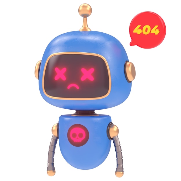 Un robot bleu avec une étiquette rouge qui dit 404 dessus.