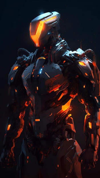 Un robot blindé de lumières orange et noires dans le style de l'art anime wlop lignes nettes résolution 8k les nouvelles poses exagérées fauves génèrent de l'ai