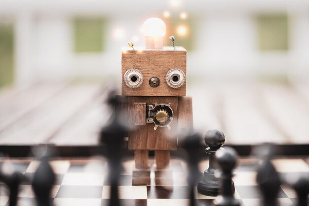 Robot en bois intelligence artificielle prévoyant de jouer aux échecs Concepts sur la technologie