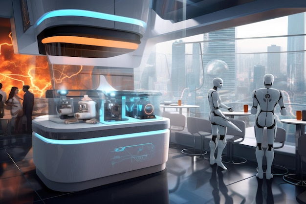 Un robot café avec une machine à café en arrière-plan