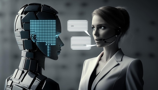 Un robot avec des casques et une femme qui se parlent.