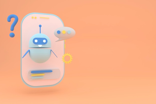 Robot chatbot avec espace de copie 3d mignon AI bot assistant mascotte personnage dessin animé symbole assistant commercial rendu 3d