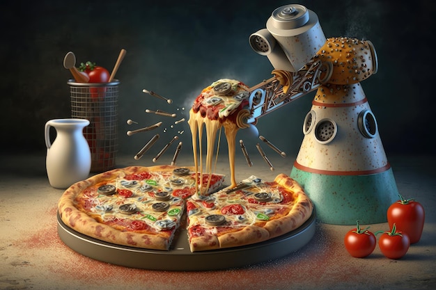 Robot chatbot faisant de la pizza à l'aide d'un mélange sophistiqué d'ingrédients et d'outils