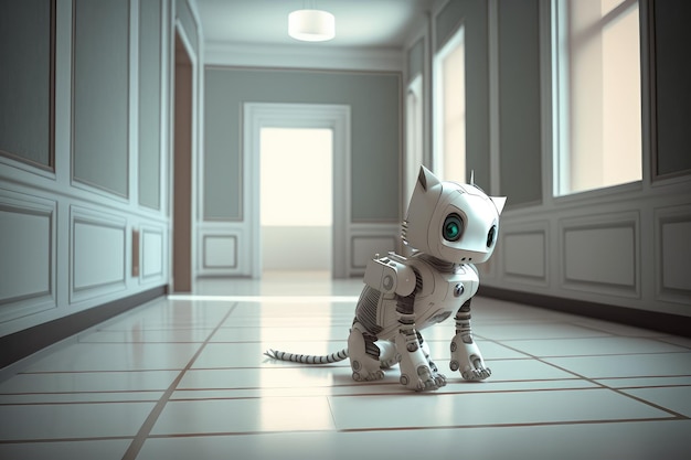 Robot chaton miaulant et faisant les cent pas dans une pièce vide