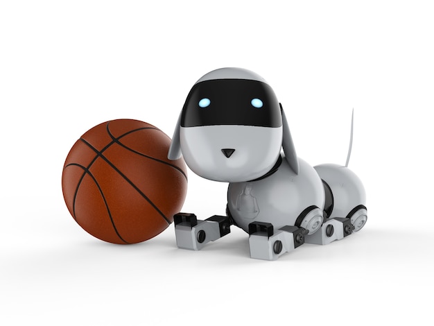 Robot de chien de rendu 3D avec ballon de basket