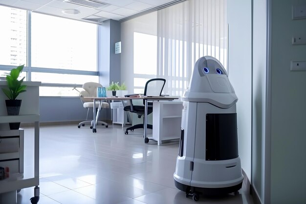 Robot concierge travaille dans un bureau moderne et lumineux Développement technologique