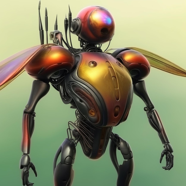 Un robot avec un corps rouge et jaune et des ailes.