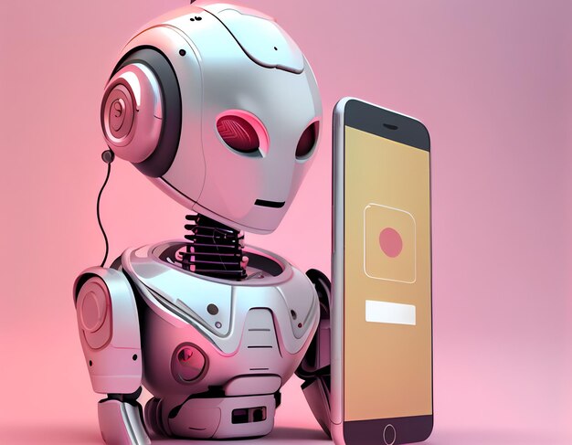 Robot à côté de l'écran du smartphone Concept de chatbot avec intelligence artificielle