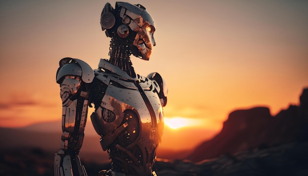 Un robot avec un coucher de soleil en arrière-plan