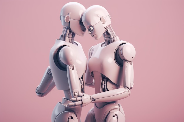 Robot de couple se tenant sur fond rose IA générative