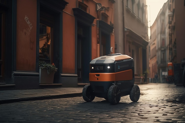 Un robot coursier livre des marchandises et de la nourriture dans toute la ville Robot de livraison autonome IA générative