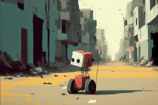 Un robot cyborg défectueux avec une batterie faible se déplace à travers une ville en ruine Concept fantastique Peinture d'illustration AI générative