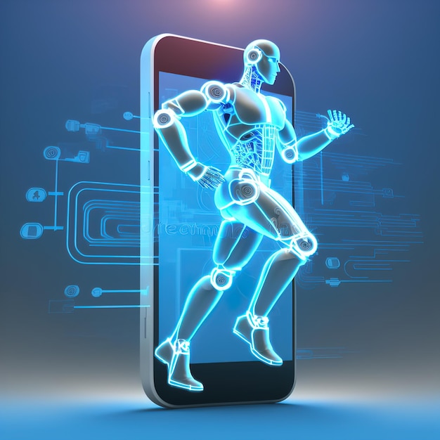 Robot cyborg IA s'exécutant sur le rendu 3d du smartphone. illustration raster