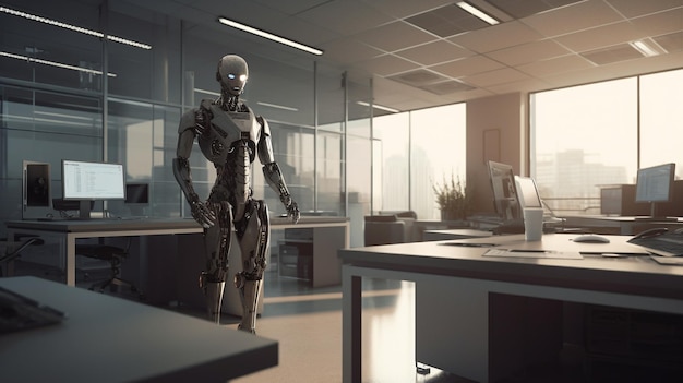 Photo un robot dans un bureau avec un bureau et une fenêtre.