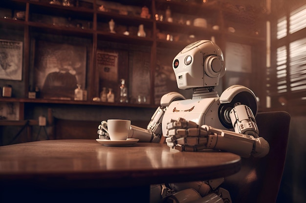 Un robot dans un café vintage avec une tasse de café Generative AI 2