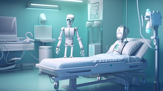 Un robot dans une chambre d'hôpital avec un robot sur le lit