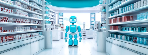 Robot dans le concept de soins de santé en pharmacie de la future bannière avec espace de copie réalisé avec l'IA générative