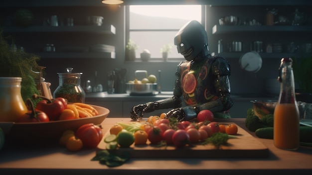 Un robot dans une cuisine avec un bol de fruits sur la table