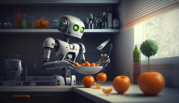 Un robot dans la cuisine fait du jus de fruit AI générative