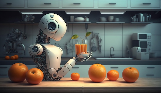 Un robot dans la cuisine fait du jus de fruit AI générative