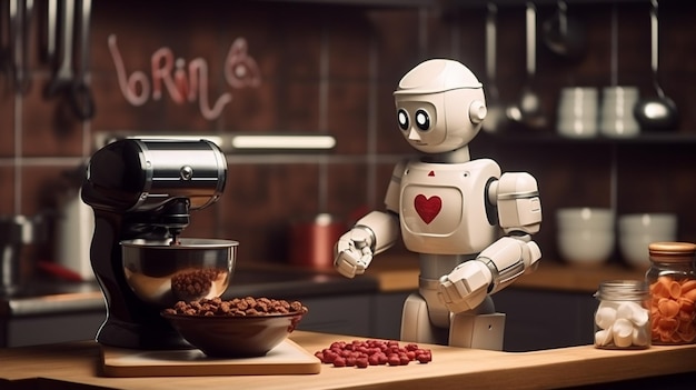 Robot dans la cuisine Jour de la Saint-Valentin rendu en 3D
