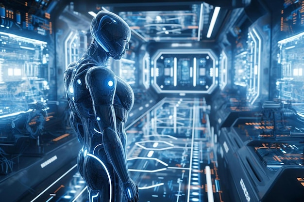 Un robot dans un espace futuriste avec un fond bleu.