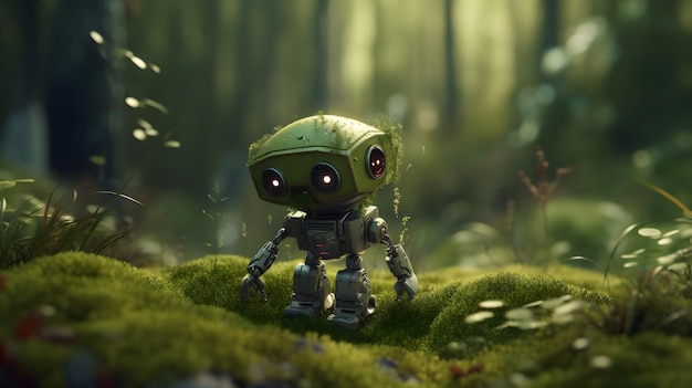 Photo un robot dans une forêt avec des feuilles vertes et une tête verte.