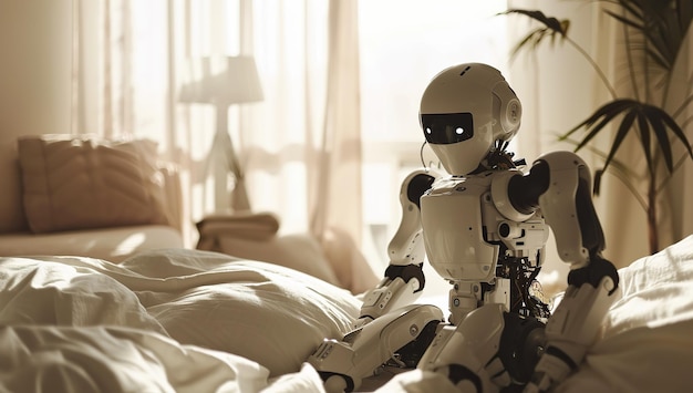 Robot dans le lit à la maison Intelligence artificielle et concept d'automatisation