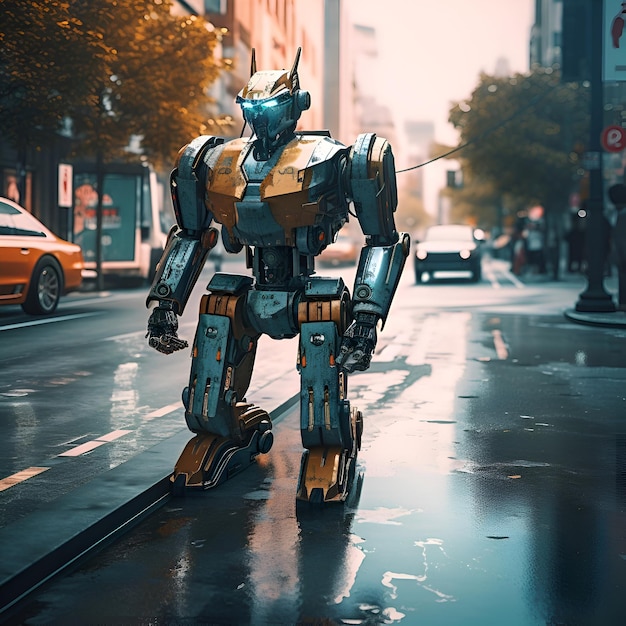 Robot dans la rue du rendu 3d de la ville
