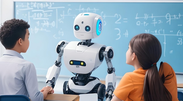 robot dans une salle de classe debout devant un tableau blanc expliquant avec passion des mathématiques complexes