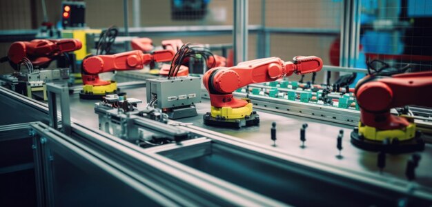 Un robot dans une usine avec un bras rouge et jaune sur le côté droit.